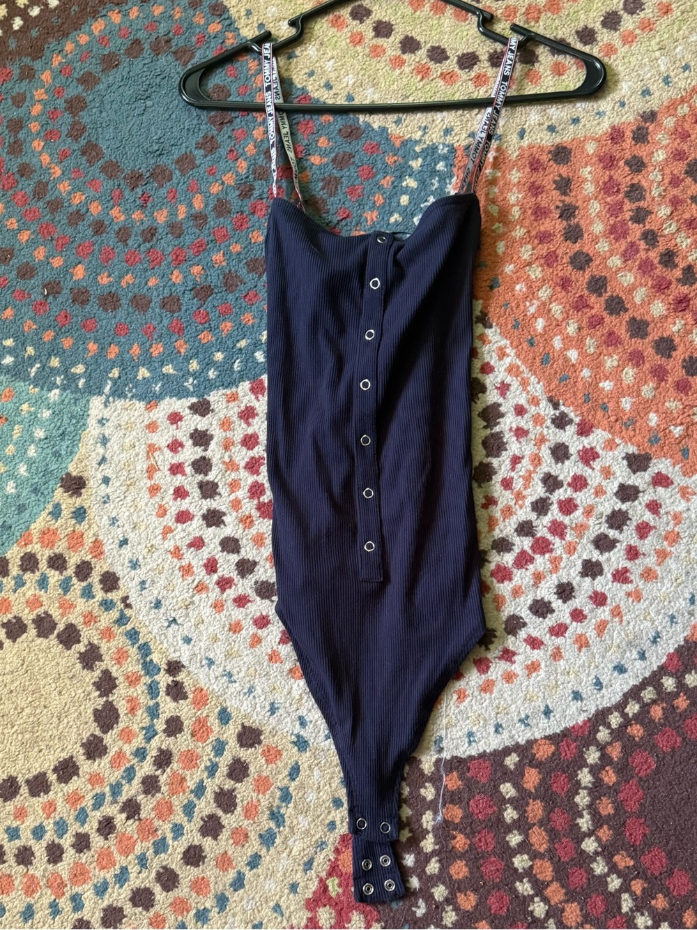 Button-Front Navy Bodysuit with Strappy Shoulders
